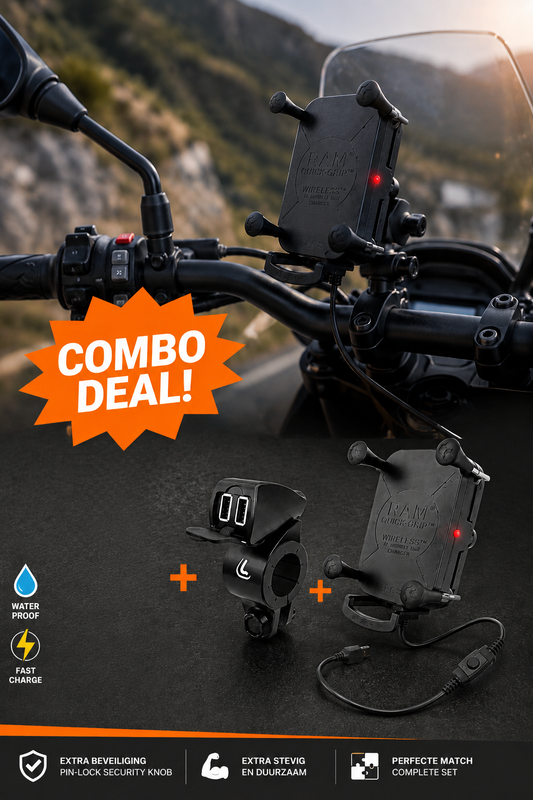 RAM X-Grip Draadloze Motor Telefoonhouder + Lampa USB Fix Trek – Complete Oplaadset